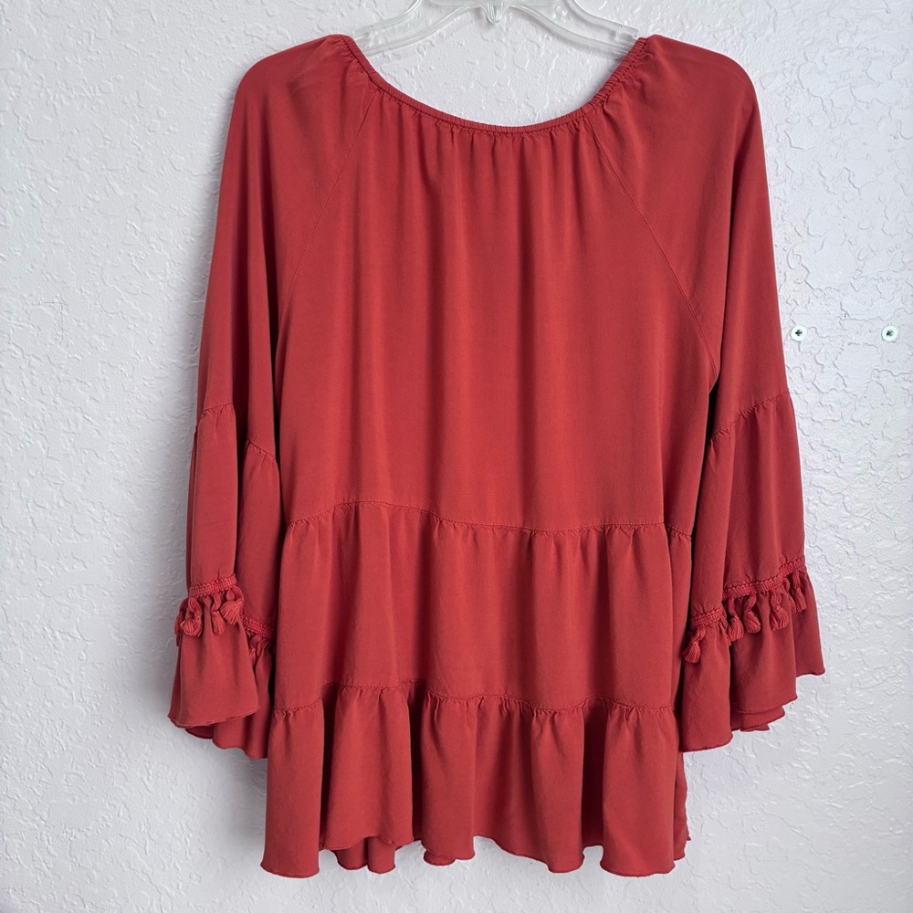 Melissa Paige Boho Peasant Top Womens XL Bell Sleeves Tassel Tie Pom Poms Comfy - Picture 3 of 9